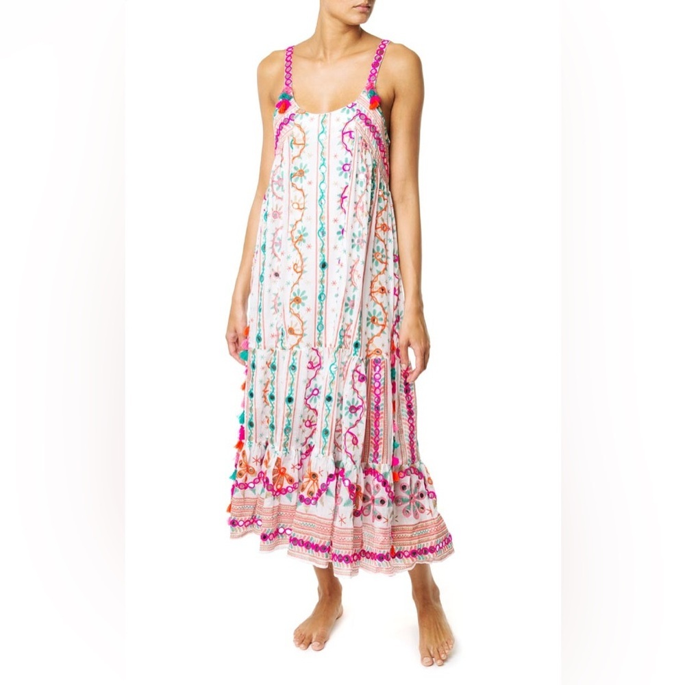 Juliet Dunn London Tribal Tassel Maxi Dress White Jade Embroidered Size 2 US 6/8